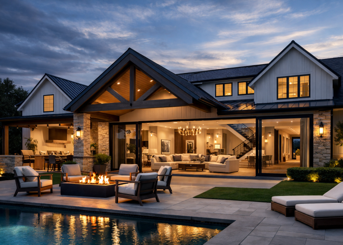 Modern farmhouse at dusk with pool